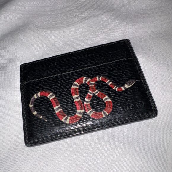 Authentic Gucci Kingsnake Print Leather Card Holder Black Red - Picture 2 of 8
